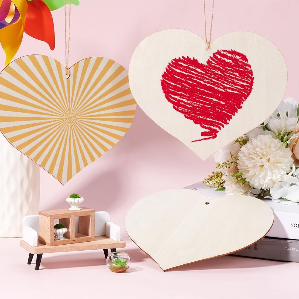 10Pcs 7 x 6In Wooden Heart Blanks Unfinished Wood Ornaments Large Size Heart Shaped Wood Blank Slices with Jute Rope for DIY Crafts Wedding Centerpiece Hanging Home Decoration Valentine's Day
