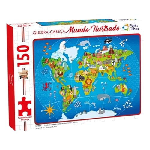 Brinquedo Pedagógico Educativo Quebra Cabeça Mapa Mundo Ilustrado Animais E Pontos Turístico 150 Peç
