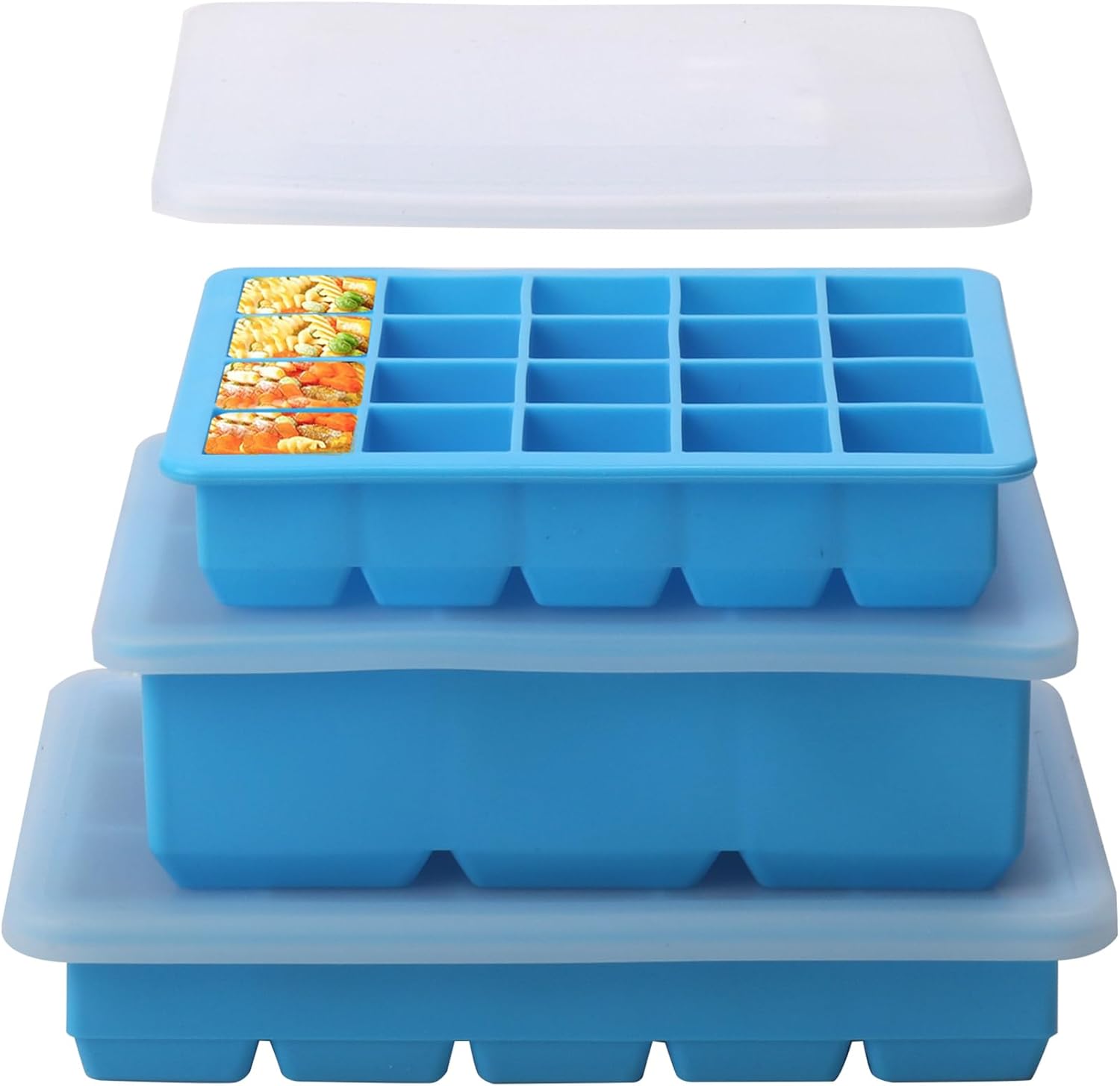 3-Pack Silicone Freezer Trays with Lid,6 Large 1/2-Cup(125ml)&15 Medium 2 Tbsp(30ml)&20 Small 1 Tbsp(15ml) Soup Freezer Container Molds,Perfect for Storing Garlic,Herbs,Pesto and More (Blue 3 Pack)