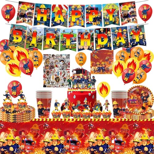 Pompiers Vaisselle,Décoration Anniversaire Pompiers,Kit Vaisselle de Fête Pompiers,Nappe,Bannières,Assiette,Deco Anniversaire