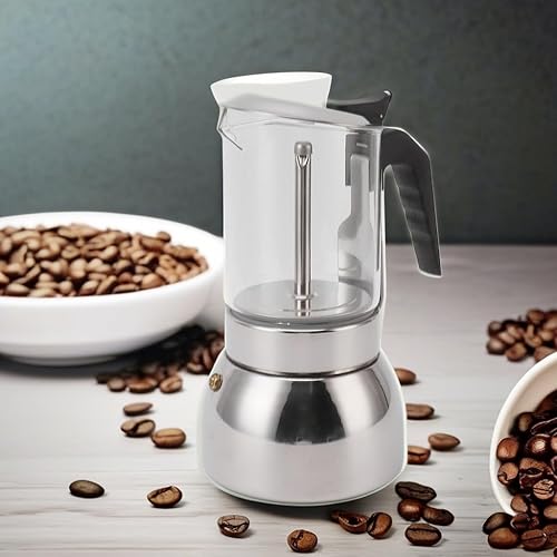 Miniatura 5 de CHICIRIS Máquina de café expreso de acero inoxidable, olla moka de acero inoxidable con tapa de vidrio, estufa de inducción de doble válvula,