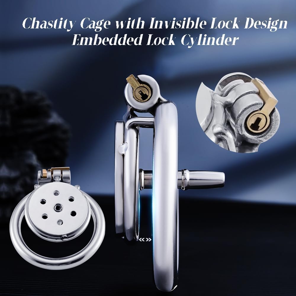 Gabbia di castità in acciaio inossidabile con forma piatta, 3 misure di anelli, set con cintura per uomo con apertura uretrale, indossabile e invisibile (silver,S)