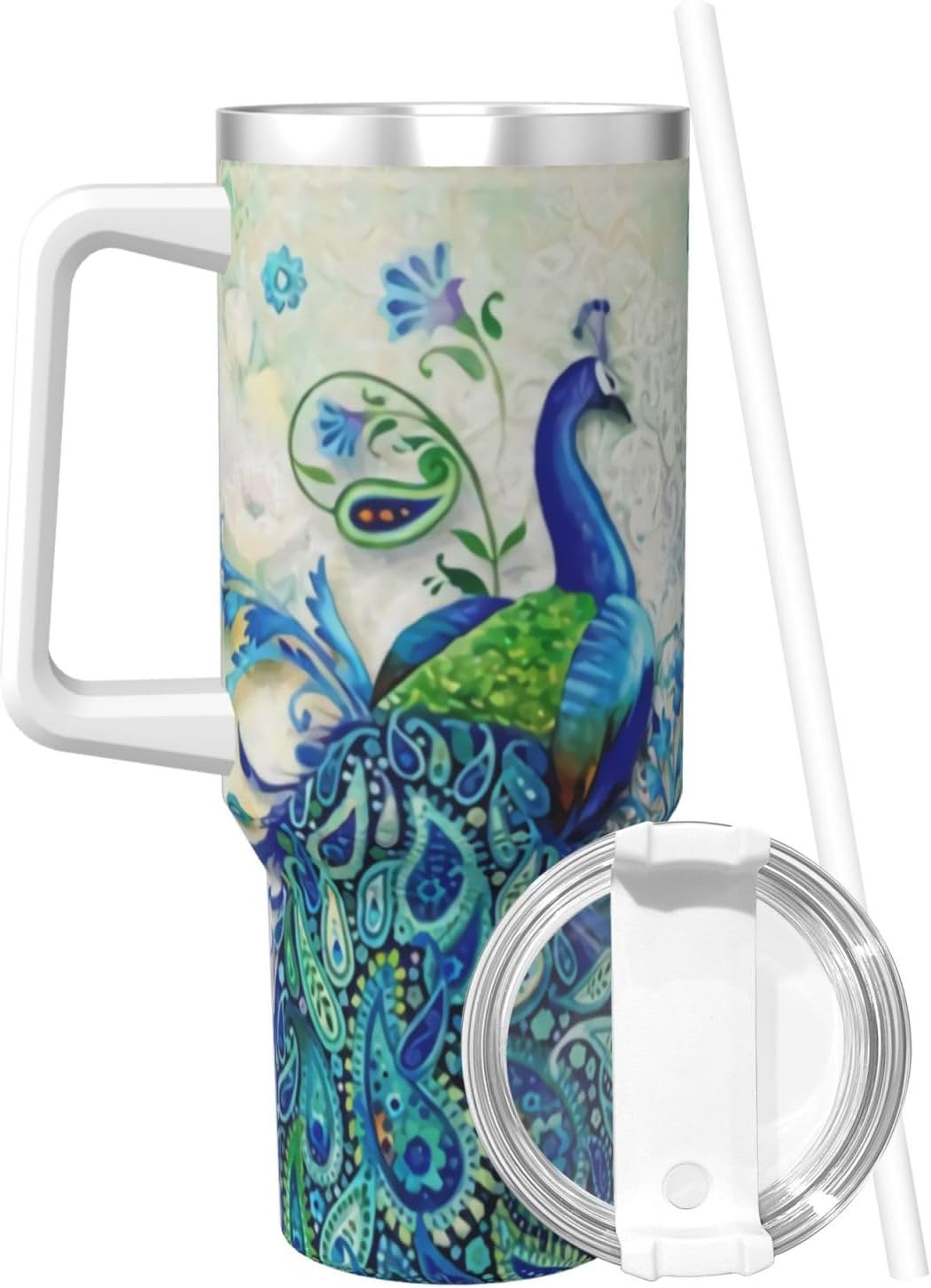 PTONUIC Peacocks and flowers 40 oz Tumbler with Handle and Straw Lid | Insulated Cup Reusable Stainless Steel Water Bottle Travel Mug Cupholder Friendly | Gifts for Women Men Him Her