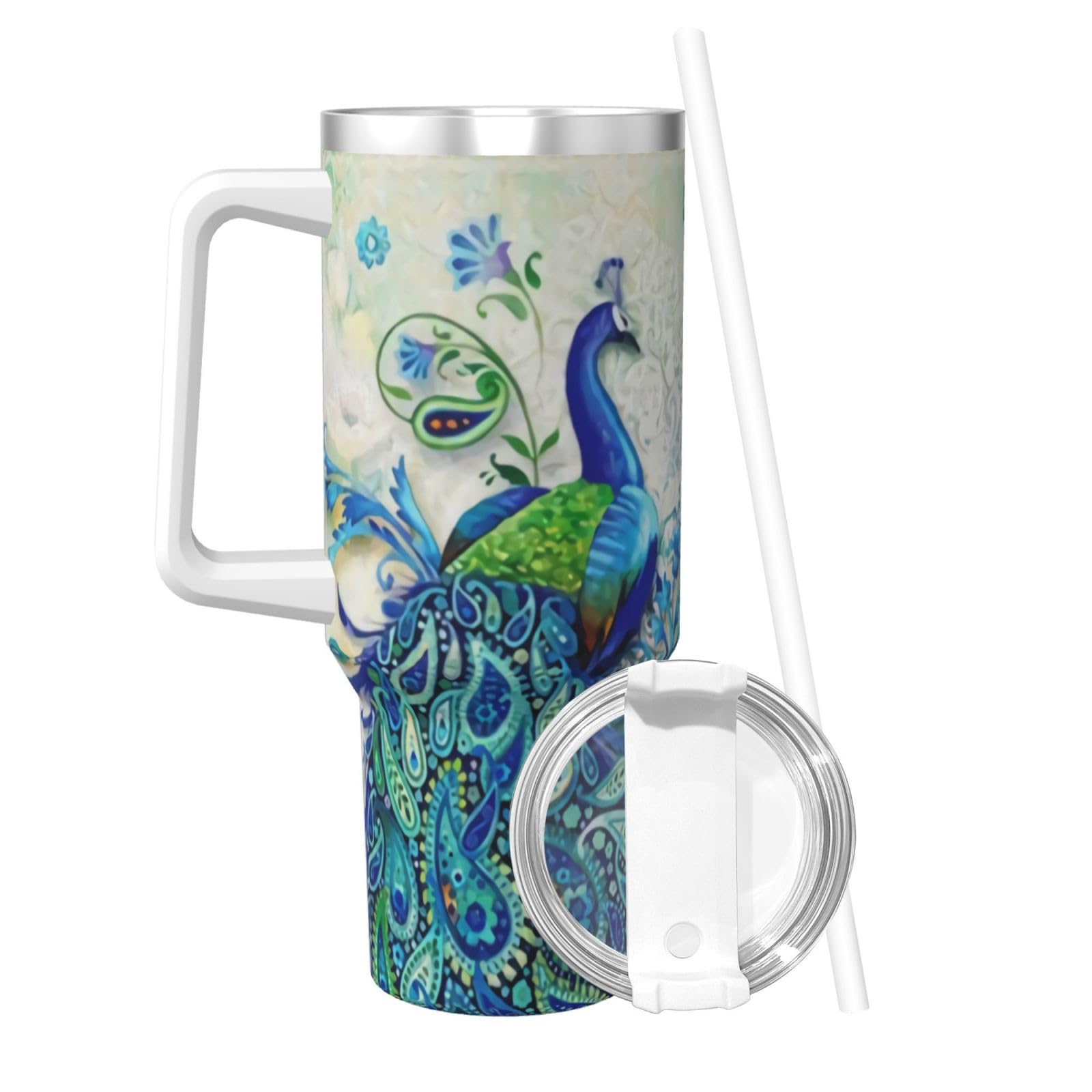 PTONUIC Vaso de pavos reales y flores de 40 onzas con asa y tapa con popote, taza aislada reutilizable de acero inoxidable, botella de agua, taza de viaje, apta para portavasos, regalos para mujeres y