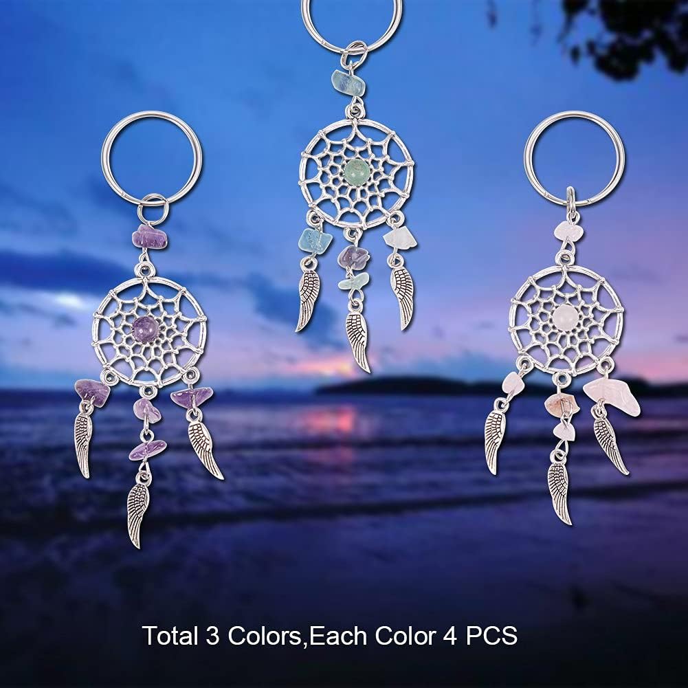 PH PandaHall 12PCS 3-Color Dreamcatcher Keychain keyring Natural Chip Gemstone Feather Key Chain Bag Hanging Ring Ornaments Car Pendant : Office Products