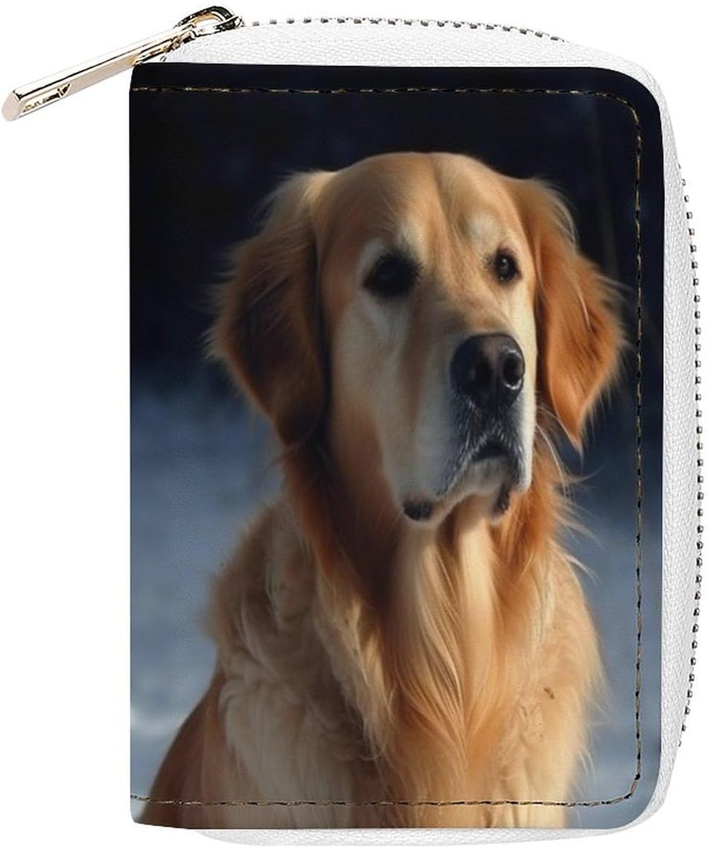 Leather Card Organizer Case Card Wallet Credit Card Holder Golden Retriever Printed Zipper Card Cases Holder for Women Men
