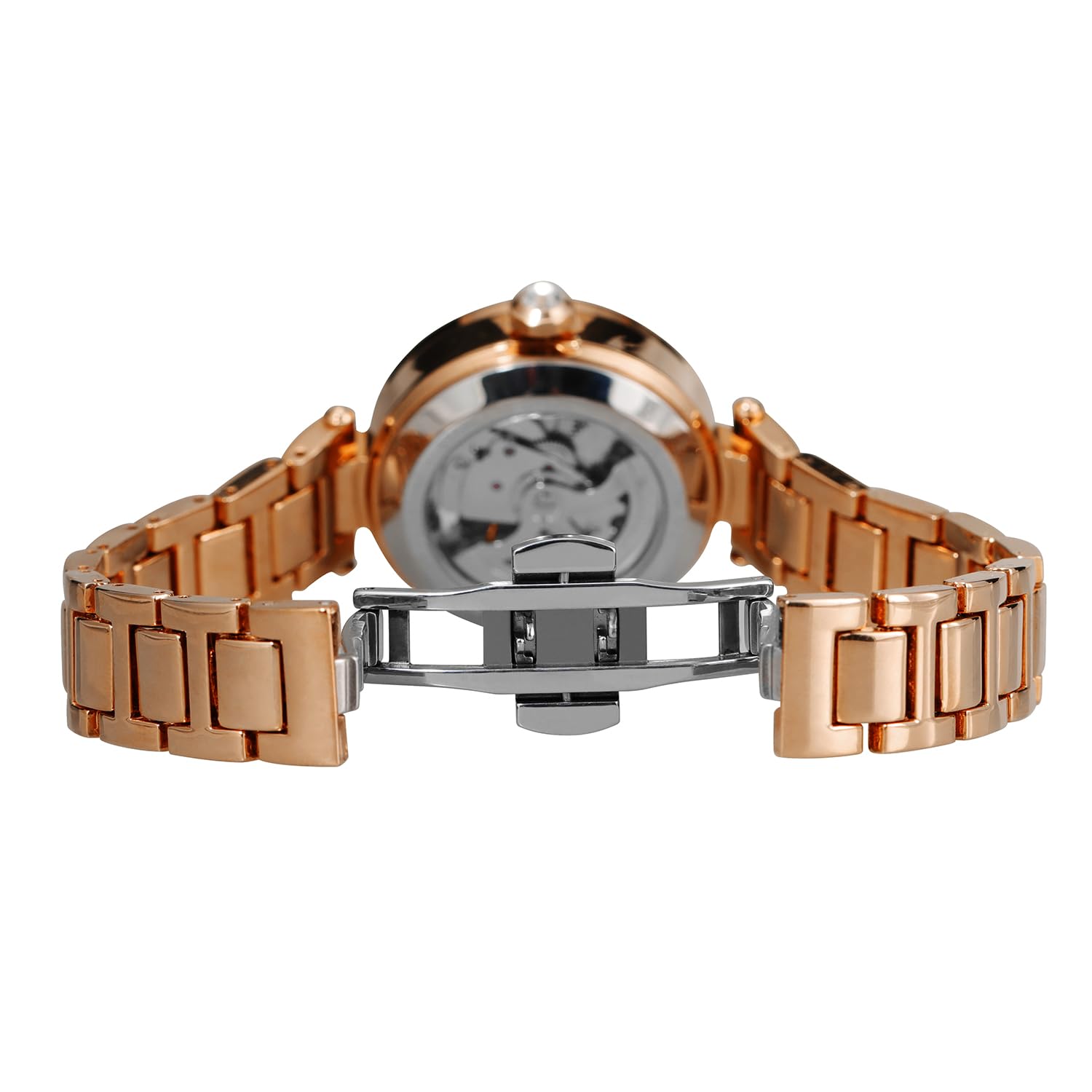 FORSINING Damen-Automatikuhr mit Buchstaben-Design, Diamant-Uhrwerk, mechanische Skelettuhr (Roségold)