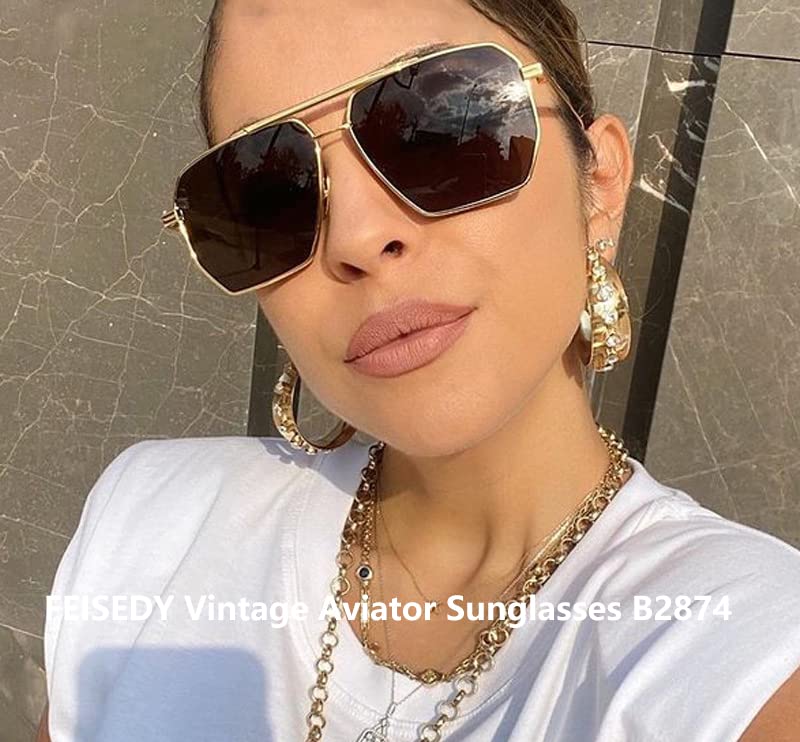 FEISEDY Retro Oversized Square Sunglasses Pilot Trendy Shades UV400 Metal Sun Glasses for Women Men B28743