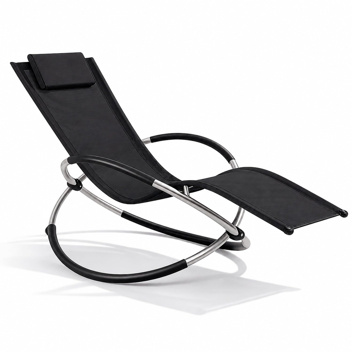 Poltrona Basculante Sdraio A Dondolo Da Giardino Con Poggiatesta Removibile In Textilene Traspirante Telaio In Metallo Ergonomica Relax Piscina Terrazzo Outdoor 73 x 150 x 93 Cm Nero