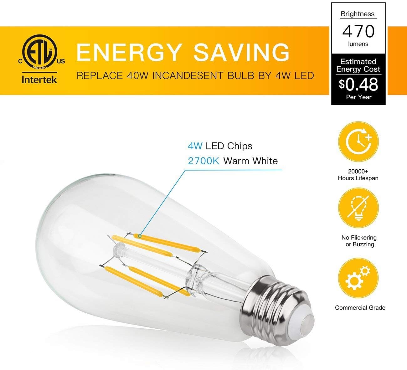 Soft White LED Vintage Filament Bulbs, Pack of 6