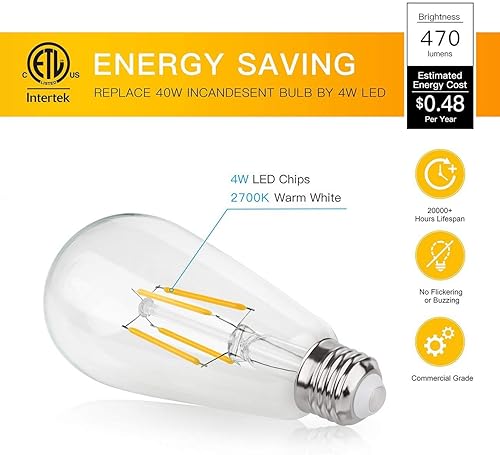 Miniatura 3 de Bombilla LED Edison vintage, bombilla Edison vintage de 40 W, bombilla E26 de 400 lúmenes, 2700 K, paquete de 3 (no regulable)