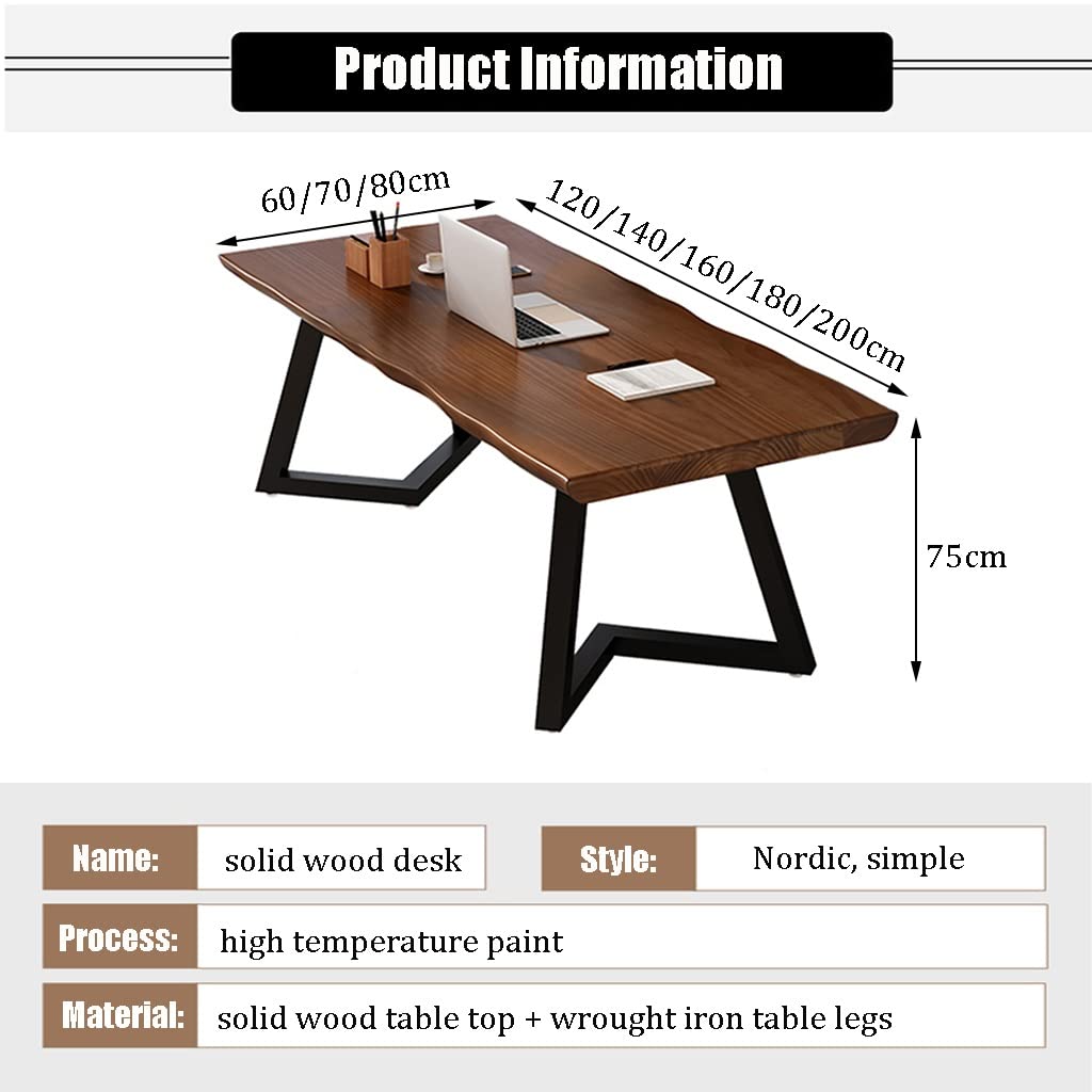 Escritorio de Oficina Escritorio de Madera Maciza Natural, Escritorio para computadora de Oficina en casa/Mesa de Conferencias, Tablero de Mesa de 5 cm de Grosor y Patas de Estructura de Metal