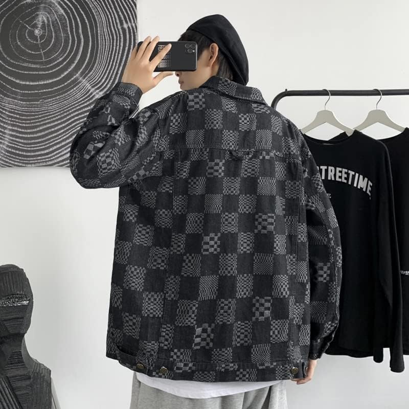 Men's Checkerboard Plaid Denim Spring And Autumn Loose Work Korean Style Mens Graphic Jean Jacket