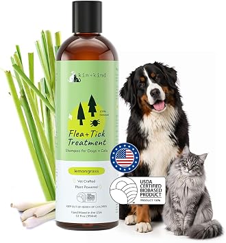 kin+kind Flea and Tick Treatment Shampoo for Dogs and Cats, Natural Lemongrass, Vet-Formulated, for Sensitive Skin, Made in USA, 12 fl oz