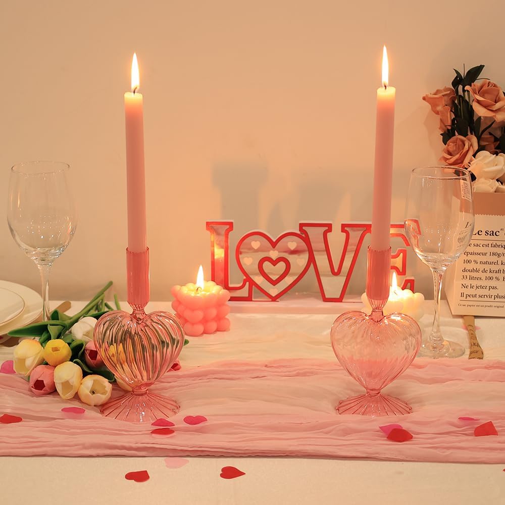 NEEDOMO Valentines Day Decorations, Set of 2 Pink Heart Glass Candlestick Holders for Valentines Decor, Taper Candle Holders Table Centerpieces for Romantic Wedding Party Mantel Decor