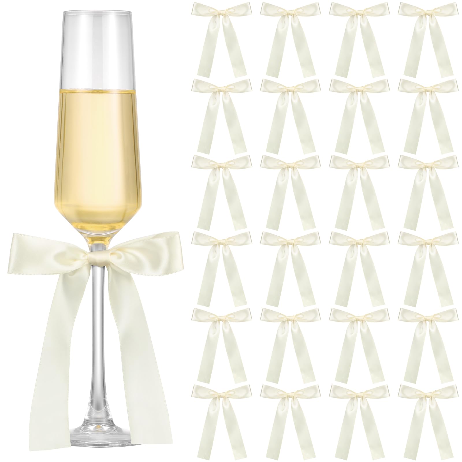 Jingmore 24 Pack Bows for Wine Glasses Candlestick Bow Drink Marker 6.7 x 4 Inch Candle Holder White Ribbon Champagne Charms Coquette Self Adhesive Tag Name Marker Decor for Wedding Anniversary Party