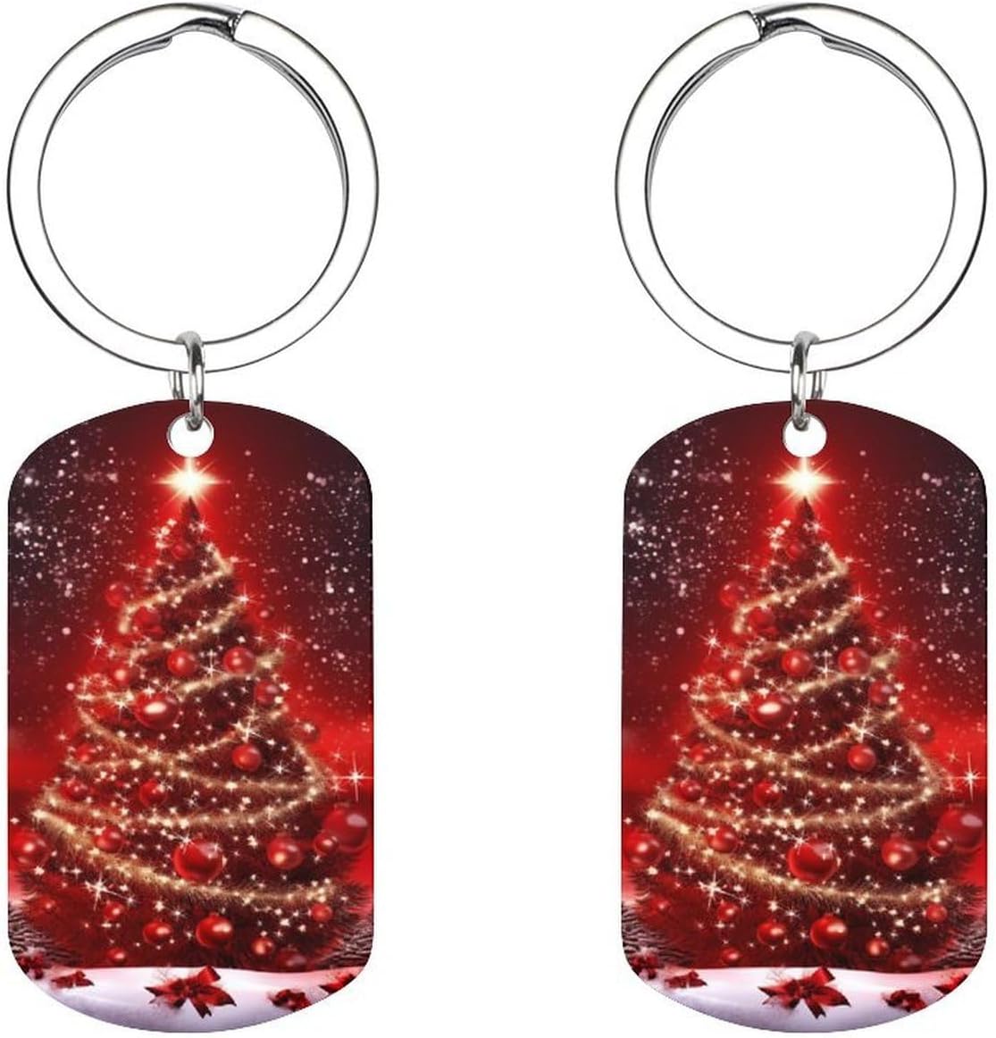 Christmas Tree Red Metal Keychain with Key Ring Double Sided