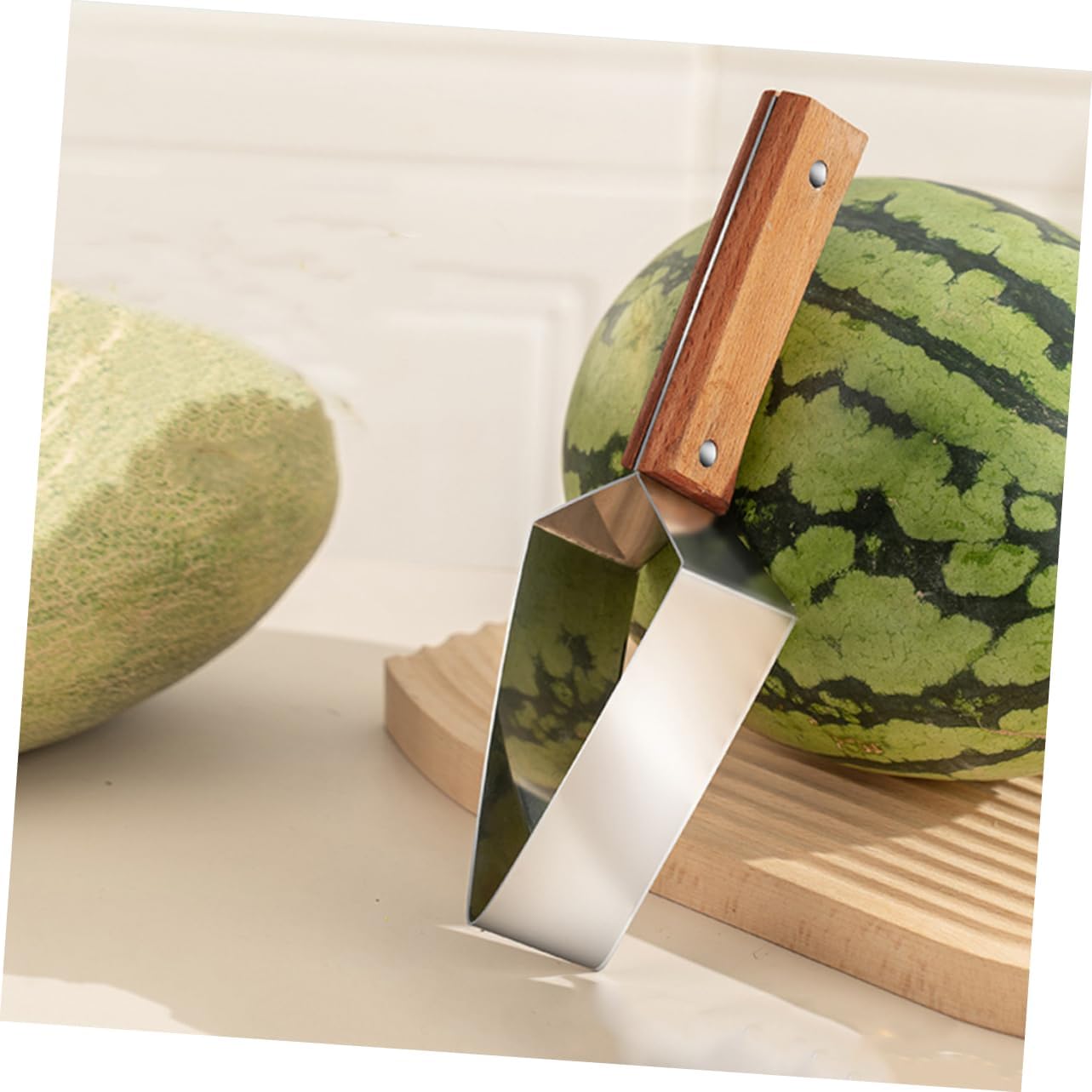 Watermelon Slicer Cutter Stainless Steel with Wooden Grip for Fruit Prep