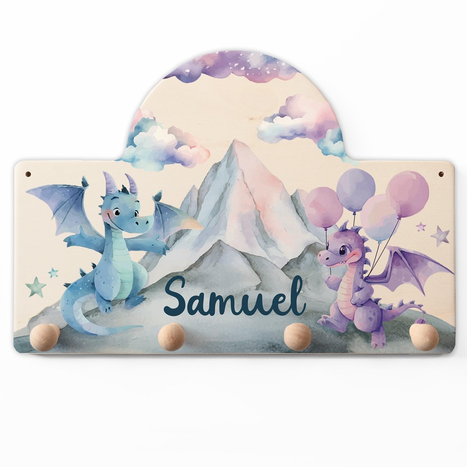GRAVURZEILE Personalisierte Kindergarderobe - Drache - Personalisiert mit Name - Garderobe aus Holz mit 4 Kleiderhaken für Baby & Kleinkinderzimmer - Geschenk für Mädchen & Jungen