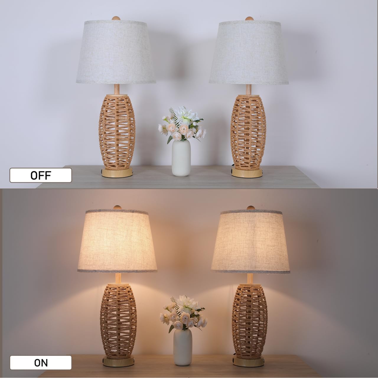 27" Rattan Table Lamps Set of 2, Touch Switch Nightstand Bedside Lamps with 2 USB Ports, Oatmeal Lampshade Wicker Lamp, Farmhouse Table Lamp for Living Room,Bedroom,Room Decor,End Table,Retro,Brown