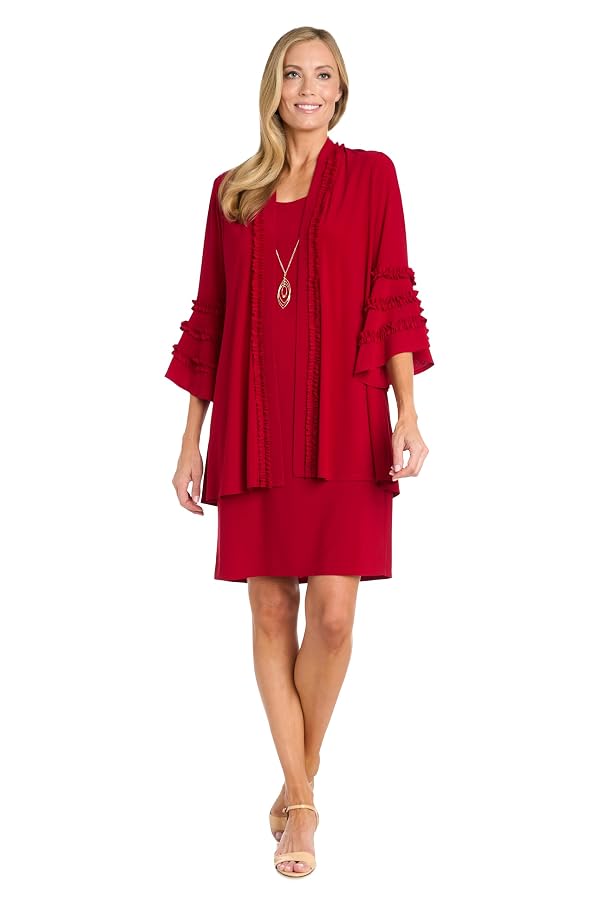 R&M Richards Women's Elegant Shift Dress W/Jacket Ruffle Trim Set & Attached Necklace | Knee-Length Formal Cocktail Attire Red by R&M Richards - Used condition - US$15.24