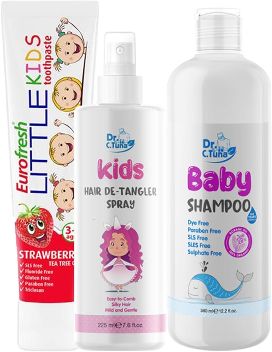 Farmasi Little Christmas Set – 50 g Toothpaste, 225 ml/7.6 fl.oz. Hair Detangling Spray, 360 ml/12.2 fl.oz. Tear-Free Baby Shampoo, Gentle Daily Care Kit Perfect Holiday Gift