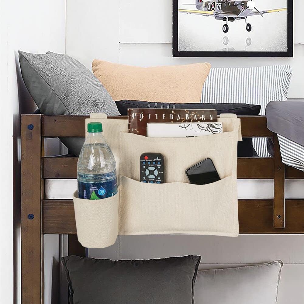 mDesign Cotton Canvas Bedside Hanging Storage Organizer Caddy for Dorm, Bedroom Bed Frame - 4 Pockets, 3 Loops - Holds Phone, Remote Control, Magazines, Bottle Drinks - Crane Collection - Cream/Beige