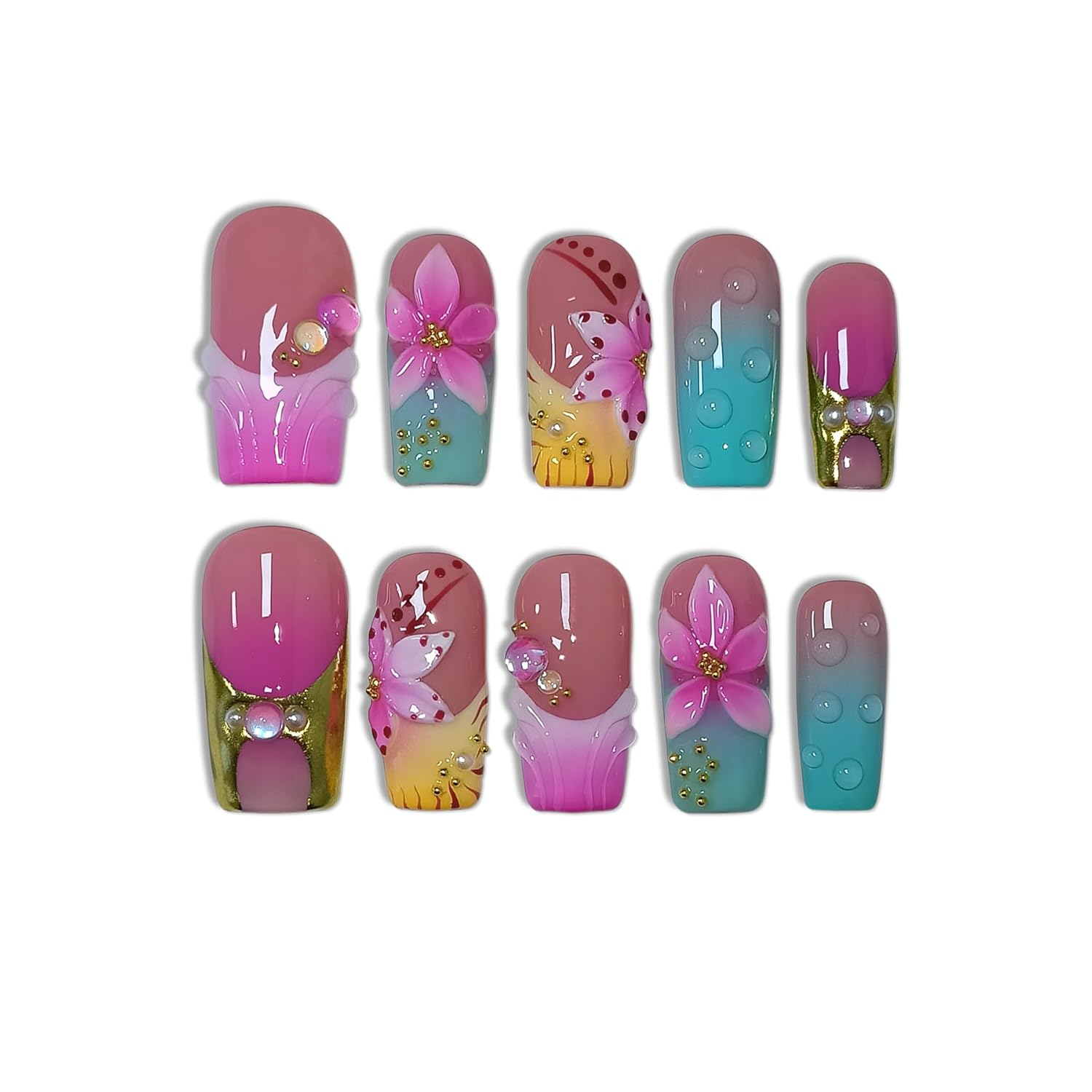 Medium Square Press on Nails - Magenta Navy Blush Ombre 3D Floral Design Y2K Glossy False Nails for Women Girls, Acrylic Soft Gel Handmade Square Nails(M)