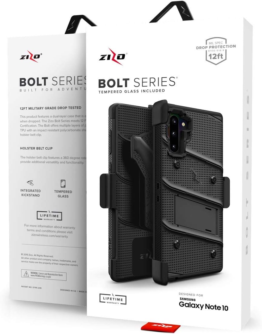 ZIZO Bolt Series for Samsung Galaxy Note 10 Case | Heavy-Duty Military-Grade Drop Protection w/ Kickstand Included Belt Clip Holster Lanyard (Black/Black)