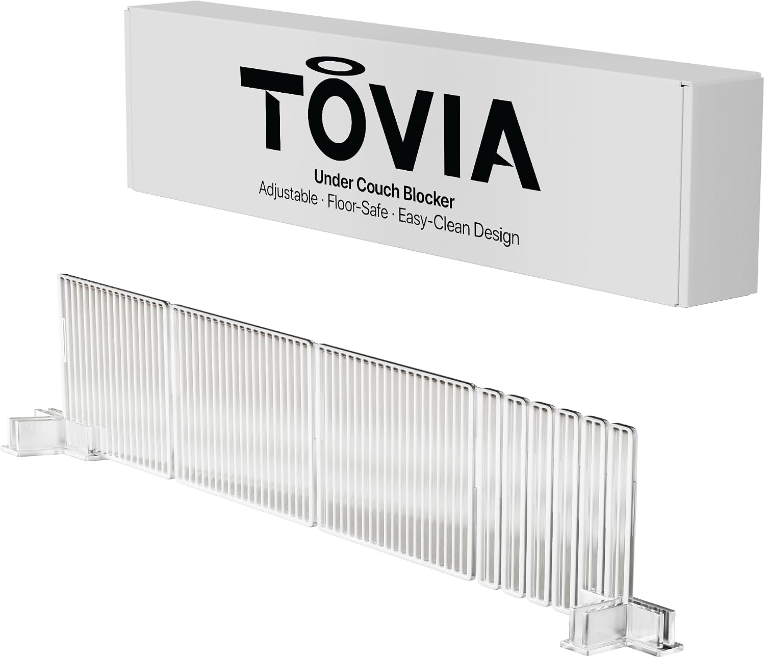 Tovia Clear Under Couch Blocker, Pets & Baby Toy Blocker, Adjustable Barrier for Under Sofa & Furniture, 100 Inch Coverage, Floor-Safe Adhesive Base, Removable Panels for Easy Cleaning
