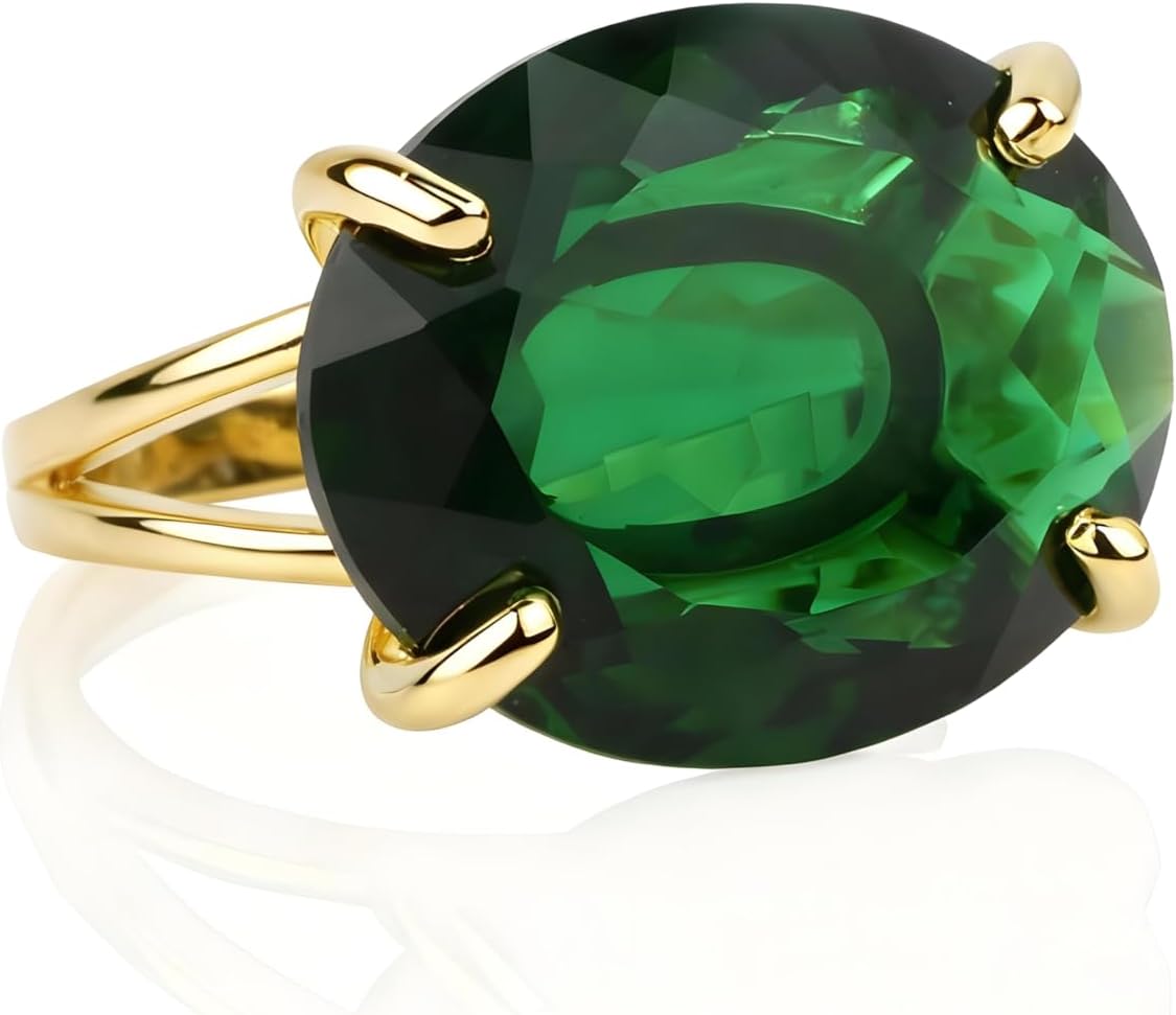 Oval Cut Emerald Ring – 14k Gold Green Gemstone Ring – May Birthstone Jewelry – Handmade Double Band Statement Jewelry