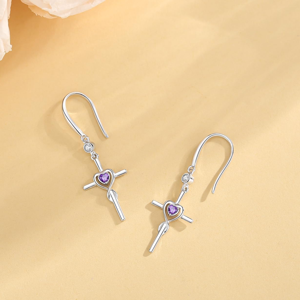 FANCIME Gift for Women Cross Dangle Drop Earrings 925 Sterling Silver Heart Birthstone Earring Fine Jewelry Birthday Gifts for Her Women - Image 5