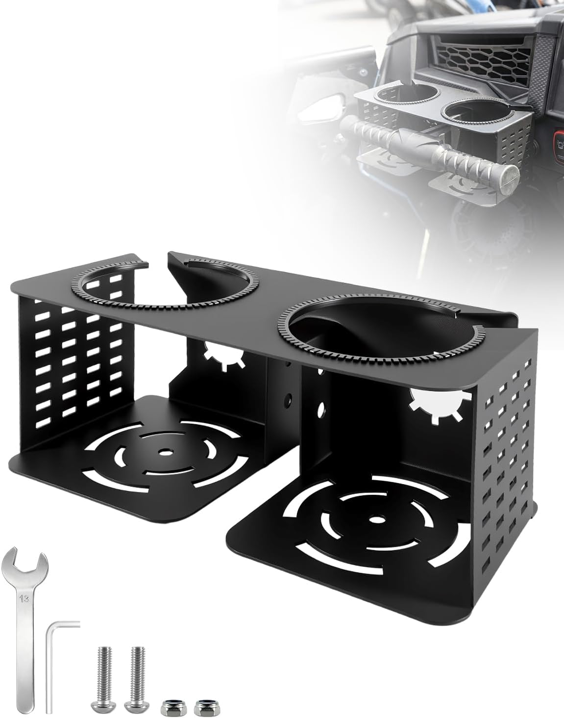 UTV Dual Cup Holder for Grab Bar Fits for Polaris RZR XP 1000 900 800 2008–2023, Carbon Steel Passenger Grab Handle Drink Holder with Rubber Rings, No Drill Mount, Fits 18–40 oz Cups