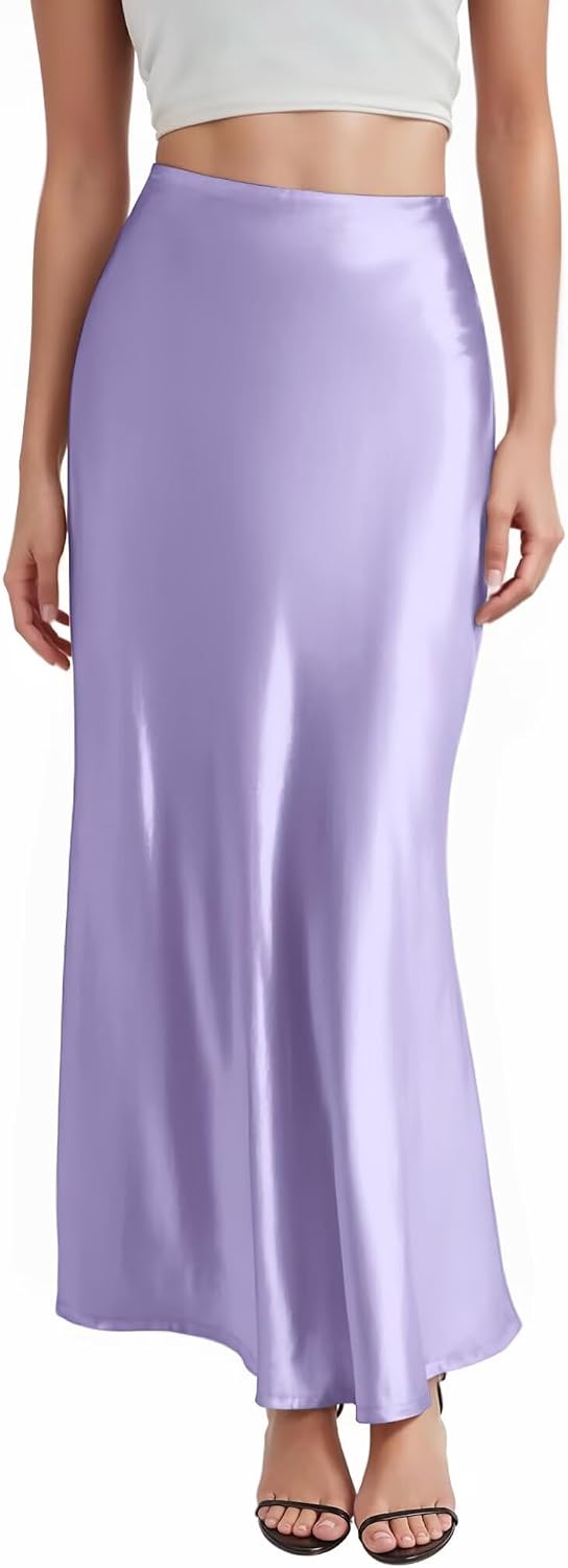 Hybrid & Company Women's High Waist Satin Maxi Skirt | Silky satin fabric, comfortable stretch, high waist design, flowing maxi length, suitable for office and casual wear