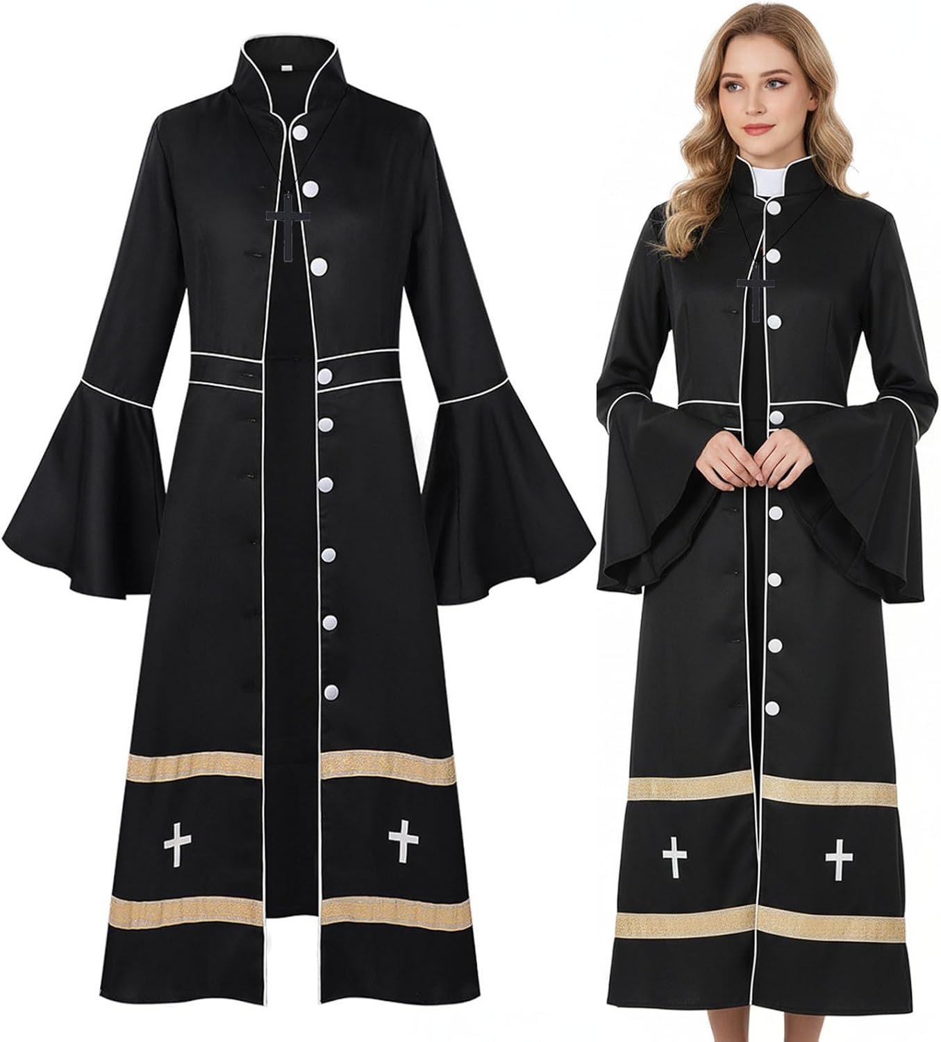 Clergy Robes Church Dress for Women Choir Robe with Cross Necklace Liturgical Vestment Halloween Cosplay Costume