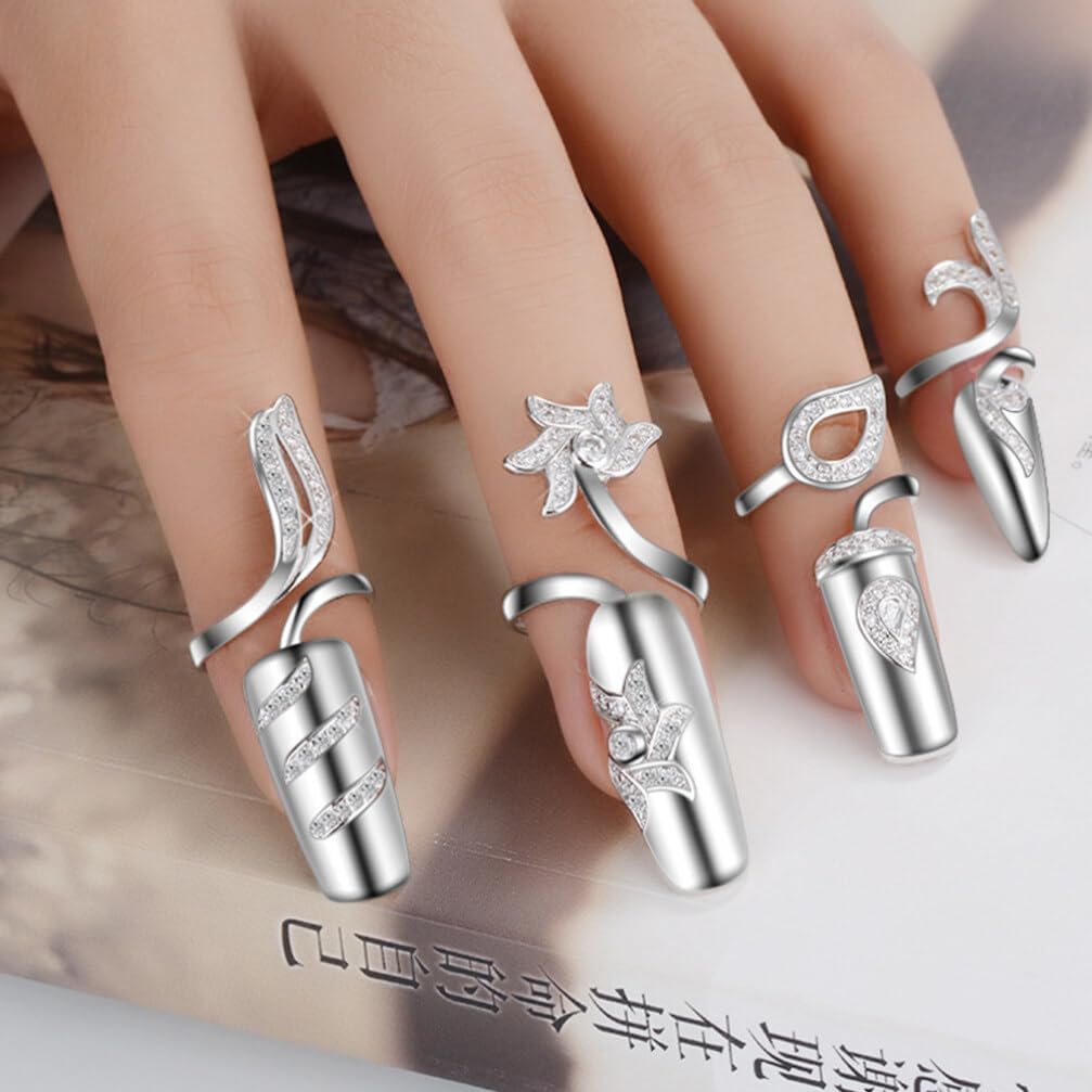 FRCOLOR 8 Pack Silver Nail Rings Rhinestones Fingernails Rings Fashion Retro Finger Tip Nail Protecting Opening-Rings Decoration Jewelry Fingernail Decorations for Women Lady Girls
