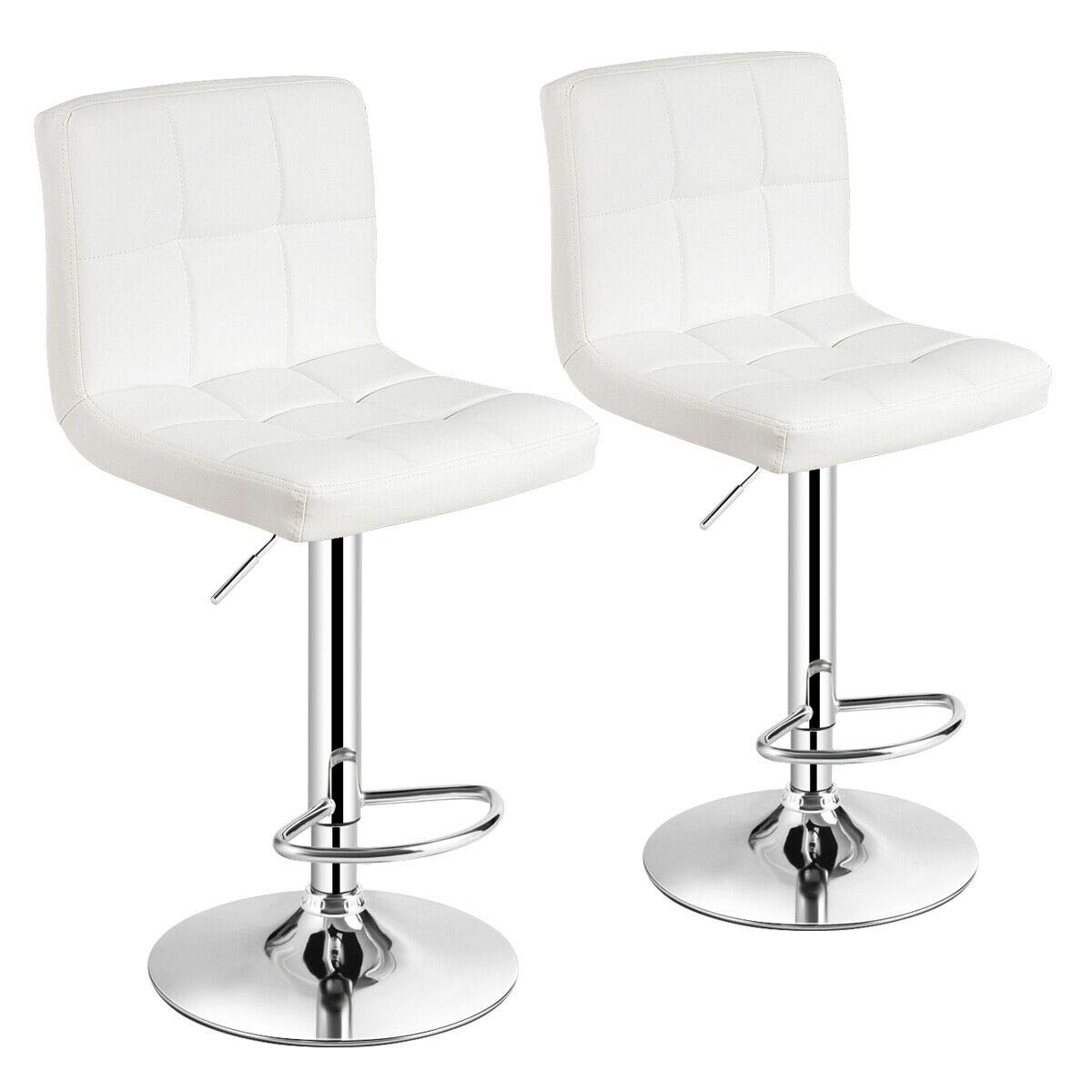 White PU Leather 2PCS Bar Stools Barstool Kitchen Counter Pub Bar Chair with Footrest Comfortable Backrest Cushioned Seat Pneumatic Height Adjustable Swivel 360 Degree Heavy Duty Metal Frame