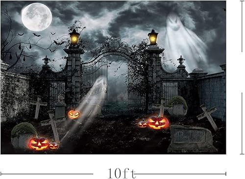 Miniatura 3 de MEHOFOND Telón de fondo de fotografía de casa embrujada de Halloween de 10 x 7 pies, linterna de calabaza, terror desolado, puerta de cementerio,