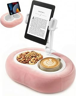 Tablet Pillow Stand, Compatible with 5"-12.9" Kindle, iPad, Phone/Tablet, Google, Samsung, 360° Rotating Phone Holder for Bed, Soft Plush Fabric, Detachable Bowl, Reading and Relaxation on Bed, Pink