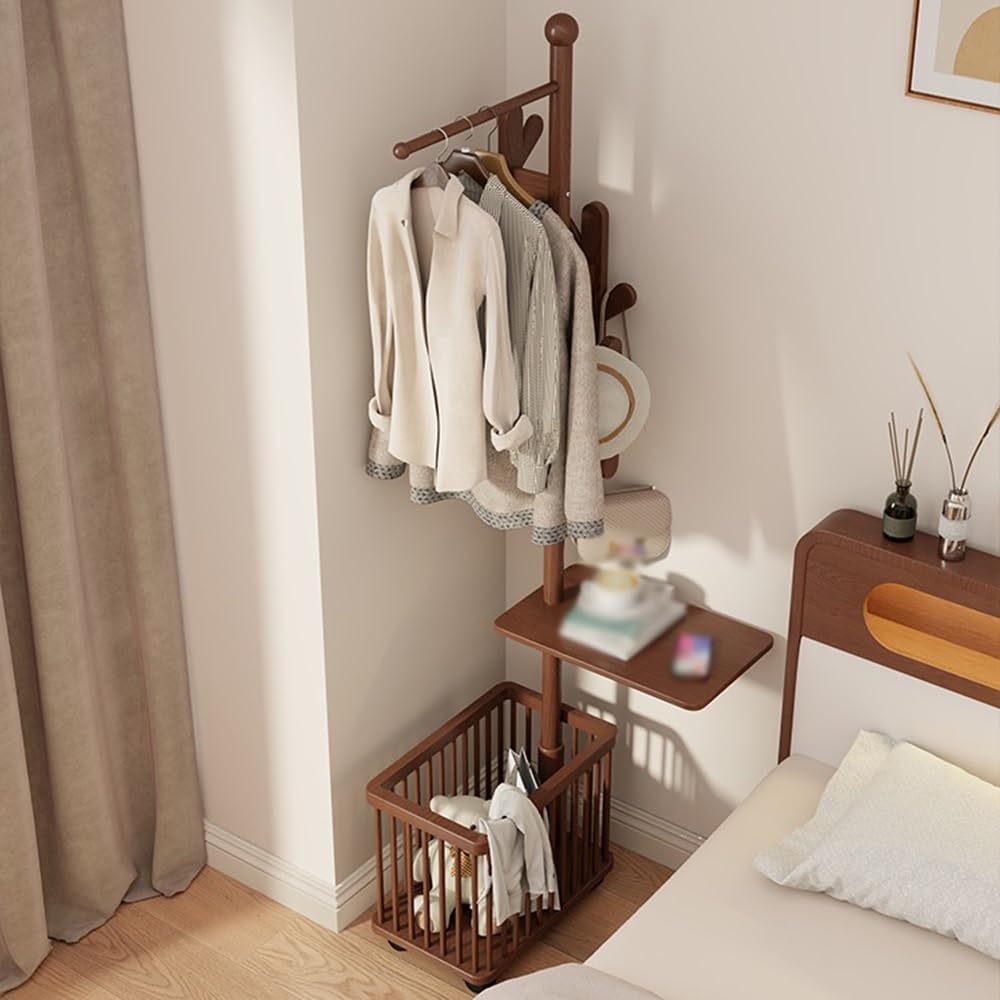 Perchero de madera maciza con forma de árbol de pasillo, mesa de noche estrecha, colgador de ropa integrado, para el suelo, dormitorio, ropa sucia, perchero para interiores, perchero de