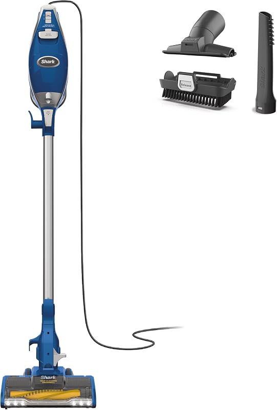 Shark HV343AMZ Aspiradora de varilla con cable Rocket con cepillo giratorio autolimpiante, liviana y maniobrable, perfecta para recoger pelo de mascotas, se convierte en una aspiradora de mano, herramientas para tapicería de grietas, azul/plateado | Recogedor de pelo de mascotas, conversión manual, faros LED, dirección giratoria, recipiente para polvo de 0,68 cuartos, herramientas para rincones y tapicería
