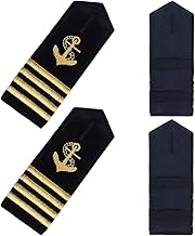 CREATCABIN 4 épaulettes Dorées avec Ancre Badge Noir à Quatre Barres et Rayures Dorées Uniforme Professionnel Capitaine Marin Insigne Curseurs D'Épaulettes pour Cosplay Halloween 5x13.5cm