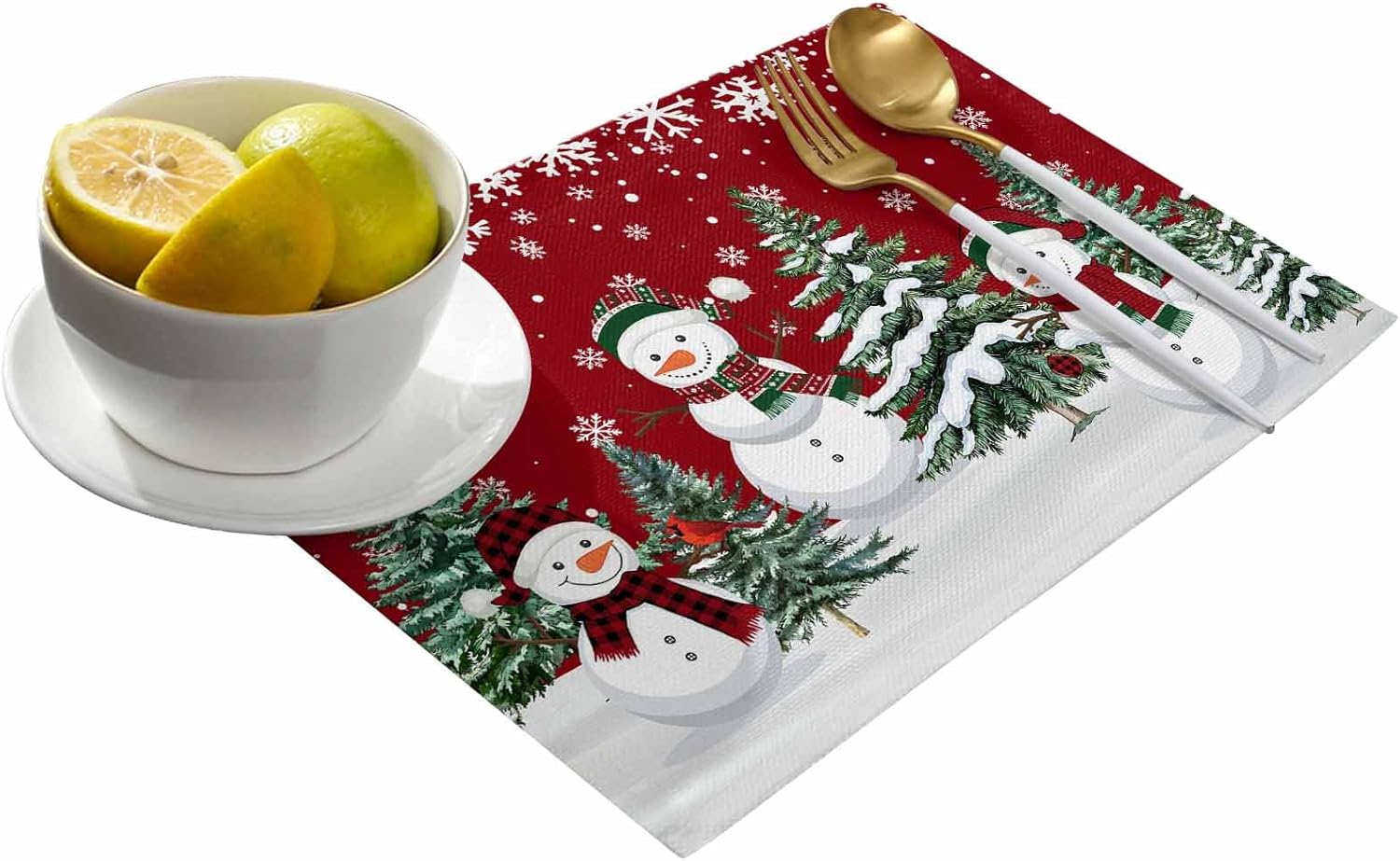 Christmas Snowman Placemats Set of 4, Xmas Tree Place Mats Indoor Outdoor Cotton Placemats, White Winter Snowflake Red Placemat Washable Table Mats for Christmas Party/Dining Room Decorations 13"x19"