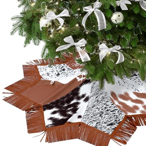 Shappy Western Christmas Tree Skirt 48 Inch Cows Print Tree Skirts Decorations Cowboy Christmas Skirt with Tassel Decorations Mats for Xmas Party Holiday Ornament Home (Stylish)