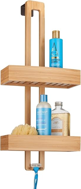 mDesign Bamboo Shower Tray - Practical Shower Caddy, Made of Bamboo with 2 Shelves for Shampoo Bottles and Gels - Hanging Shower Shelf Without Drilling - Natural Bamboo