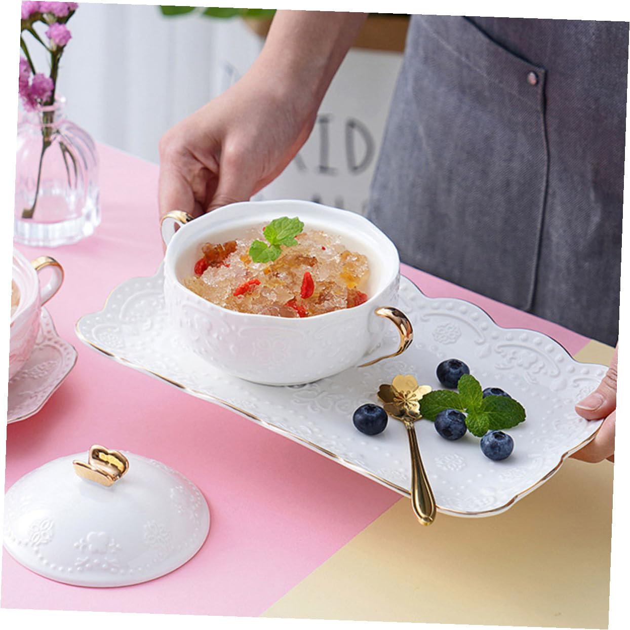 Toyvian Keramik Dessertschale 3 Stück Weiß mit Henkel, Klassisch | Deckel, Löffel und Tablett, für Restaurants und Zuhause, Dekorative Wirkung
