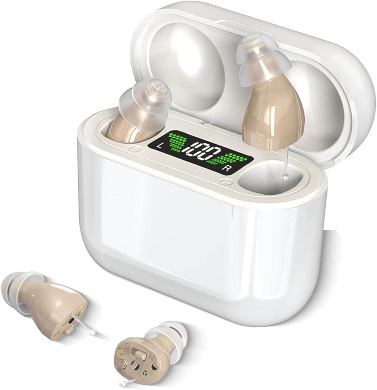 Hearing Aids with Long-Lasting Charging Case, Invisible Hearing Aids for Seniors with Smart Noise Cancellation, Completely-In-Canal Hearing Aid Devices, Easy Control (Beige)