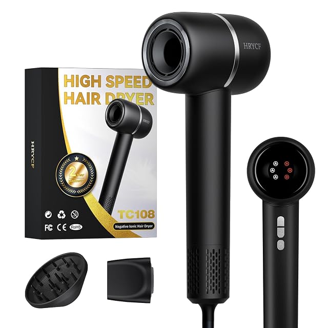 Ionic Hair Dryer Fast Drying Thermo-Control Professional Blow Dryer Low Noise Lightweight Magnetic Diffuser and Concentrator for Curly