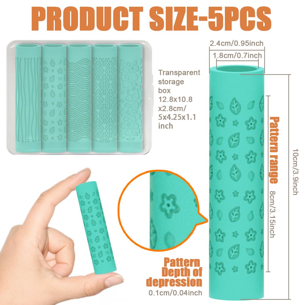 ORIGACH 5 Pcs Polymer Clay Texture Roller for Earring Making Pottery Tools Texture Roller for Clay Jewelry Making Mud Pattern Natural Texture - Image 2