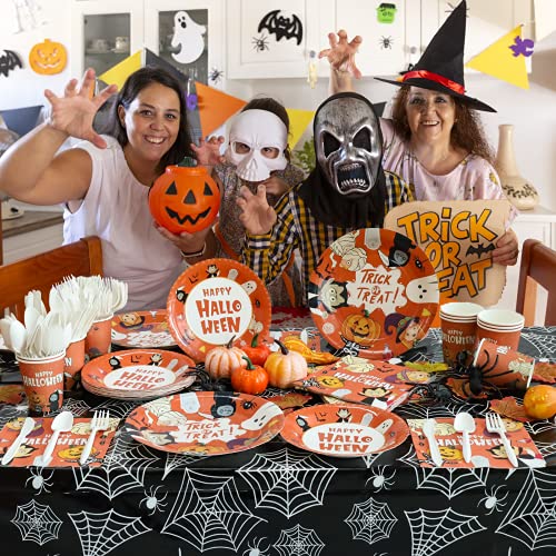 169Pcs Halloween Plates Cup Napkins Cutlery And Tablecloth For Serve 24 Disposable Tableware Paper Plates Napkins Cups Plastic Spoons Forks Knives Tablecloth Perfect Halloween Party Supplies Orange #TOP1